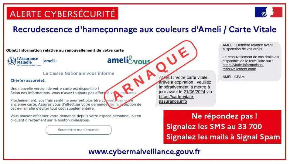 [ALERTE Cybersécurité] Recrudescence de messages d’hameçonnage Carte Vitale / Ameli